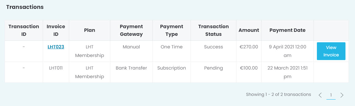member account page transactions